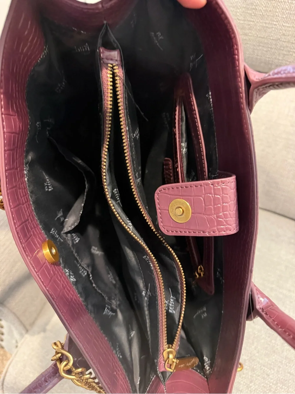 Betsey Johnson Plum Croc-Embossed Tote with Matching Zip Pouch